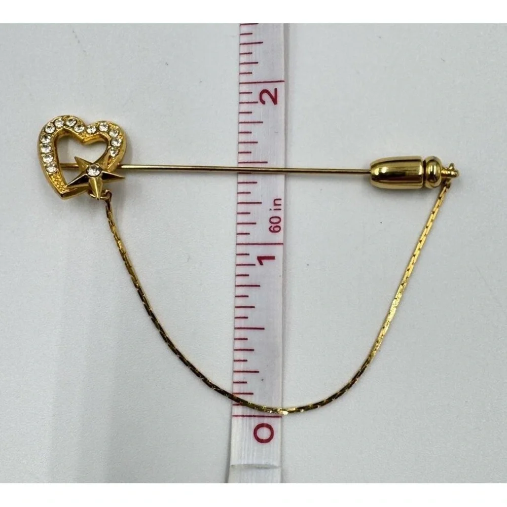 Vintage Valentines Day Gold Tone Rhinestone Heart Star Locking Stink Pin & Chain